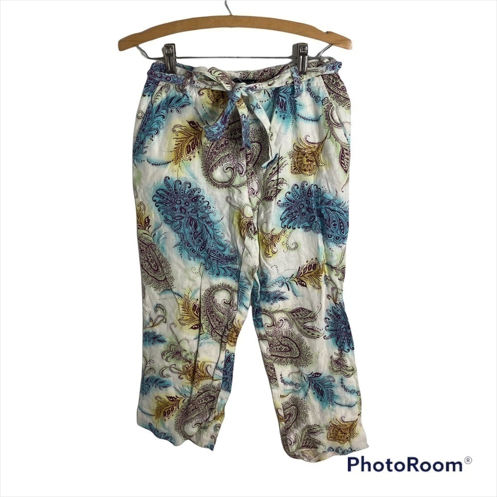 Alexandra Bartlett 100% Linen Pants Paisley Blue Yellow White Drawstring Sz 2